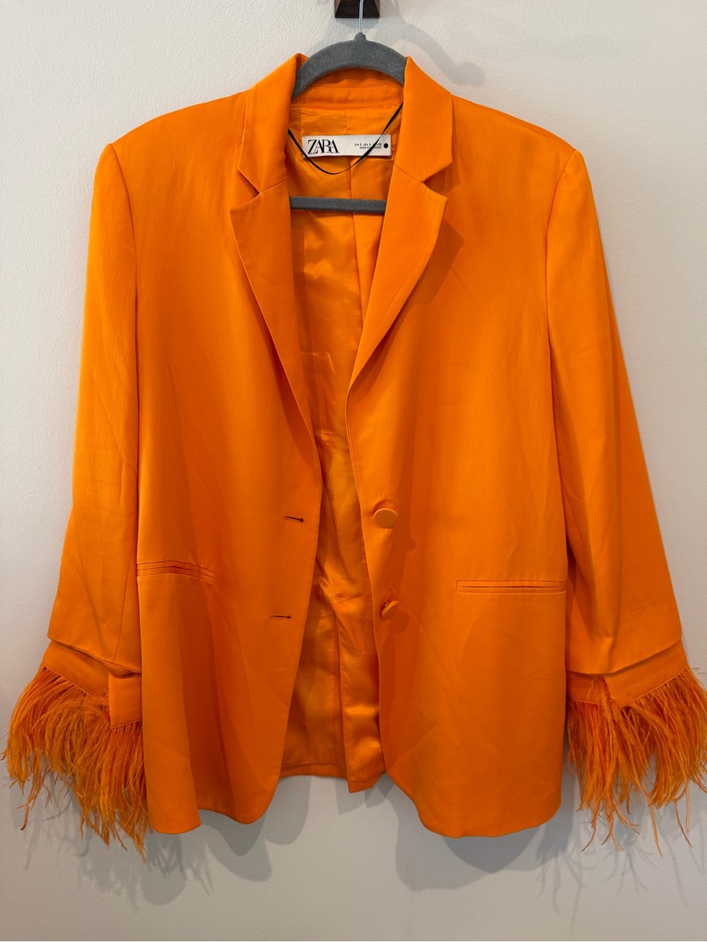 ZARA Bright Orange Feather-Cuff Blazer